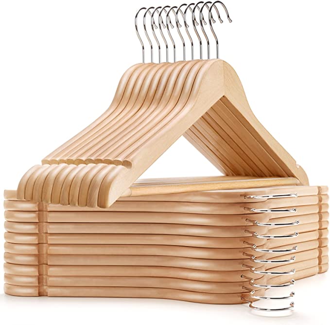 Solid Wood Hangers with Chrome Hooks, 17.5 inch (30 Pack