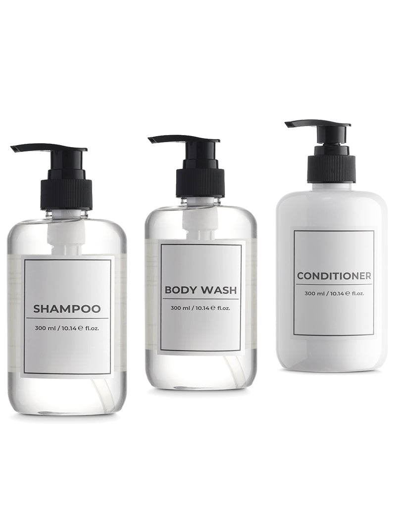 White Label Toiletries Bottles of Shampoo, Conditioner, and Body Wash Set