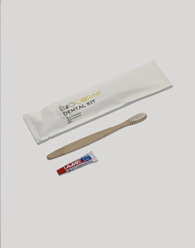 biocorn dental kit, tooth brush, tooth paste for vacation homes and hotels