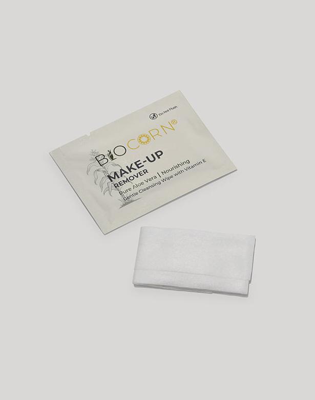 Make-up remover wipes, biocorn, individually packed for vacation homes and hotels