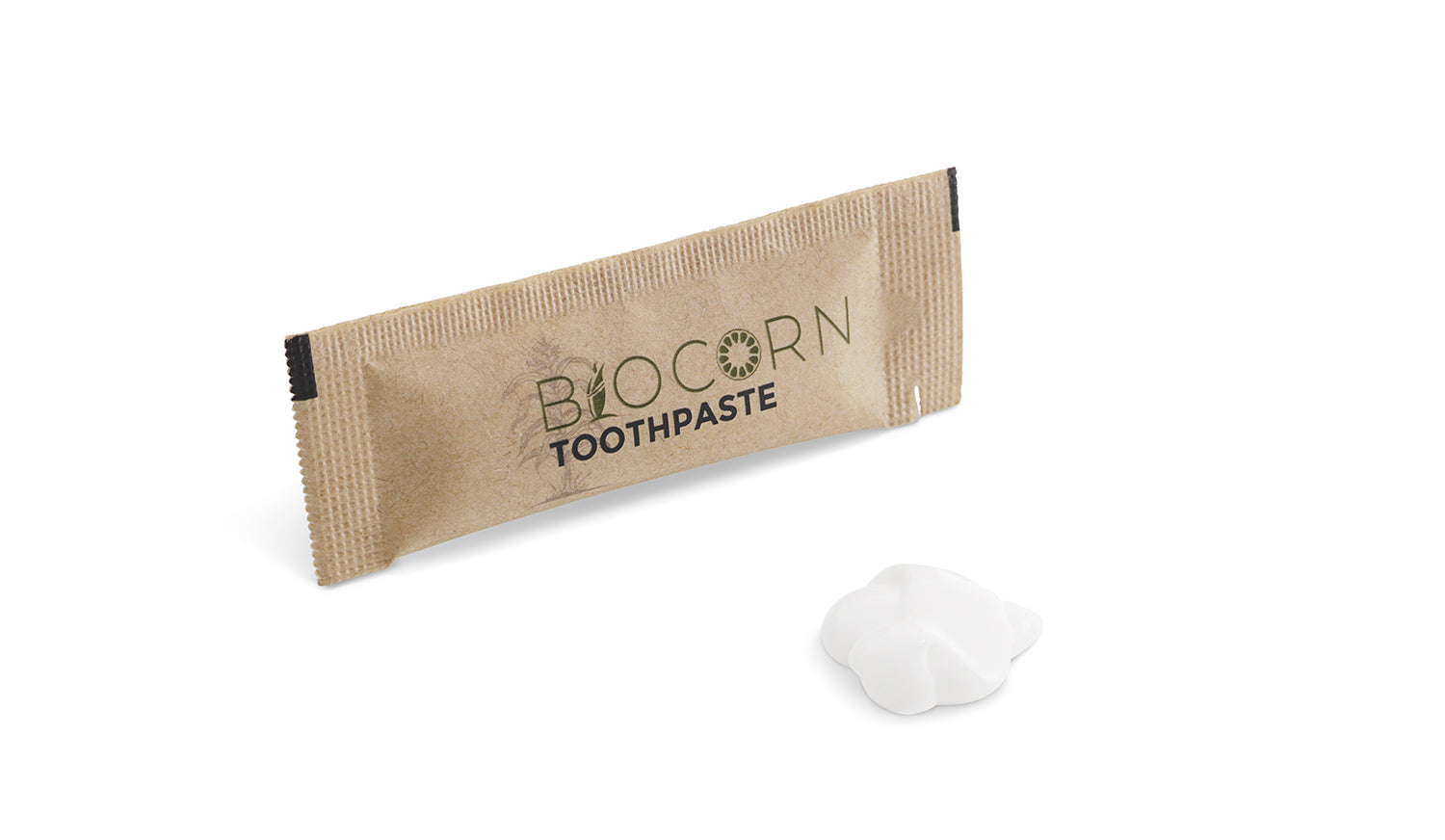 BIOCORN 5g toothpaste packaged in individual kraft paper bags 